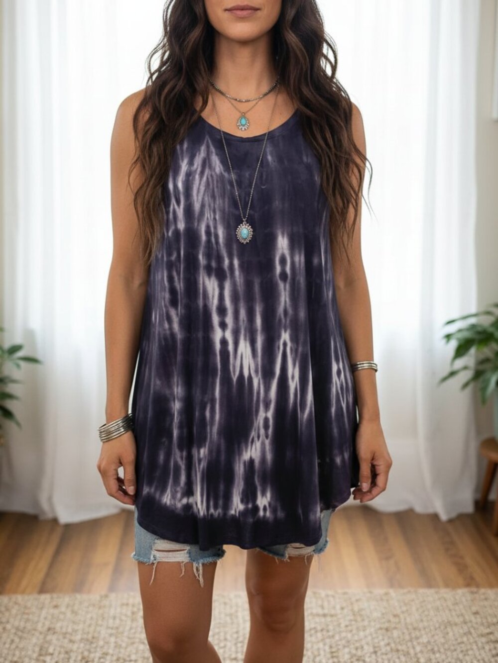 Old Navy L Black Gray Tunic Tee Tank‎ Tie Dye Boho Grunge Edgy Festival Goth